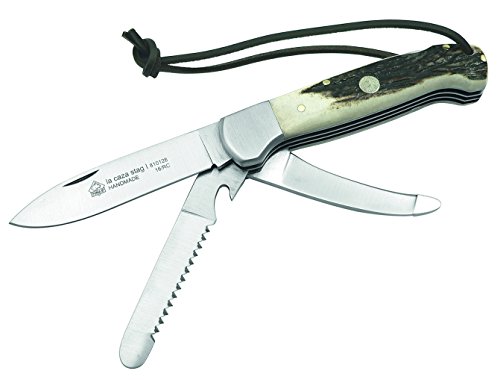 Puma IP Erwachsene LA Caza Stag I Jagdtaschenmesser, Rostfrei, Aufbrechklinge, Säge, Hirschhornschalen, Edelstahlbacken Jagd-Taschenmesser, Mehrfarbig, One size