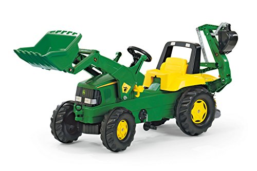 Rolly Toys Trettraktor rollyJunior John Deere, Kindertraktor mit Frontlader Schaufel, Heckbagger, Front- und Heckkupplung, geeignet für Kinder ab 3 Jahren, grün, 811076