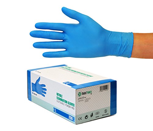 Nitrilhandschuhe 200 Stück Box (L, Nitril blau) Einweghandschuhe, Einmalhandschuhe, Untersuchungshandschuhe, Nitril Handschuhe, puderfrei, ohne Latex, unsteril, latexfrei, disposible gloves, blue, Lar