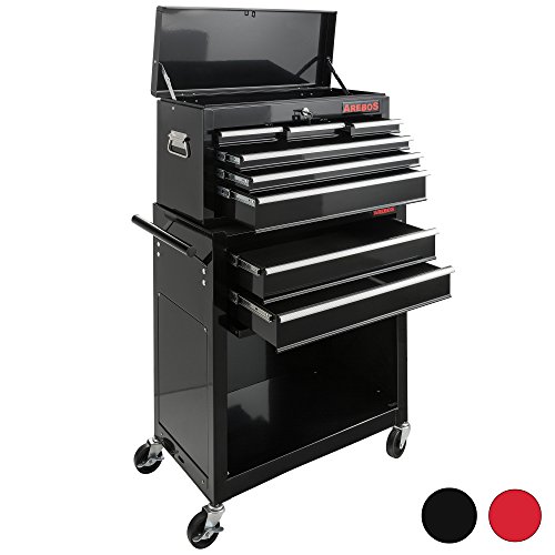 Arebos Werkstattwagen 9 Fächer/zentral abschließbar/Anti-Rutschbeschichtung/Räder mit Festellbremse/Massives Metall/rot oder schwarz (Schwarz)