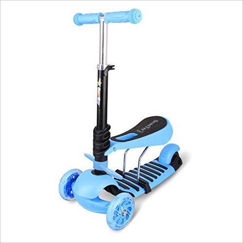 BAYTTER 3 in 1 Mini mitwachsender Kinderroller Laufrad Dreirad Kinderscooter zum Laufenlernen LED Räder Scooter aus Aluminiumlegierung für Kinder von 2-5 Jahren in drei Höhen verstellbar (Blau)