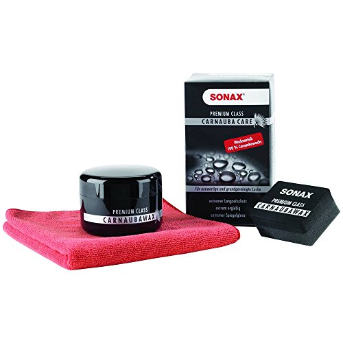 SONAX 211200 PremiumClass CarnaubaCare, Set aus 200ml Hartwachs, 2 Applikationsschwämmen, Microfasertuch
