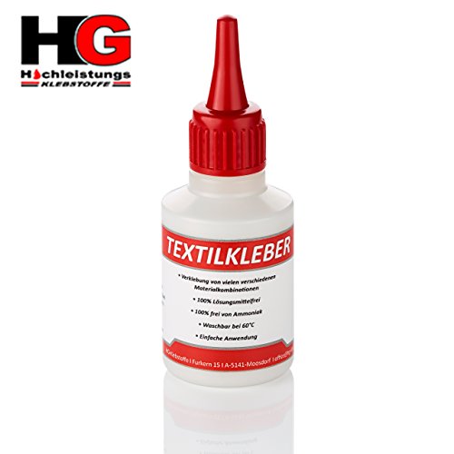 HG-Textilkleber | Ammoniakfrei Lösungsmittelfrei Geruchlos Wasserfest Waschmaschinenfest transparent - Alleskleber für Stoff, Leder, Jeans, Hosen, Schuhe, Flicken, Applikationen 50ml