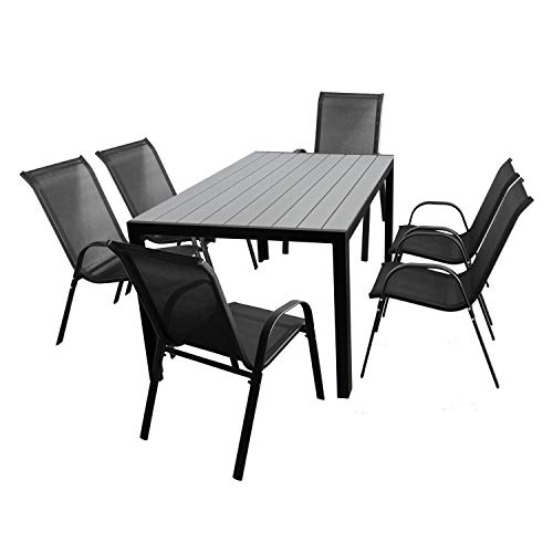 Wohaga 7tlg. Gartengarnitur Polywood Tisch 150x90cm Schwarz/Silbergrau + 6 Stapelstühle mit Textilenbespannung Schwarz Gartenmöbel Terrassenmöbel Set Sitzgruppe