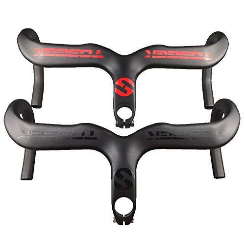 TOSEEK Full Carbon-AERO Integrierte Lenker mit Stielen Für Racing Rennrad Matte Schwarz (Glänzend Logo) (Vorbauten 110mm, Lenker 420mm)