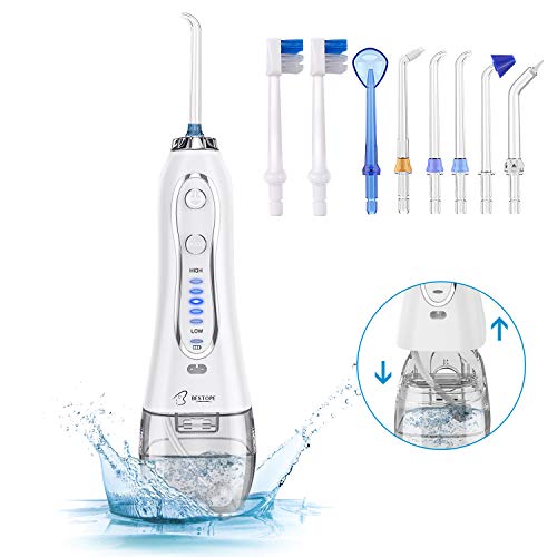 BESTOPE Munddusche Elektrische Wasser Flosser, 5 Modi und 8 Düsen USB Wiederaufladbarer Zahnreiniger, 300ml Oral Irrigator für eine Gründliche Reinigung und Massage des Zahnfleisches