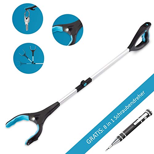 Hochwertige Greifhilfe von Menuro mit Leuchtfunktion | Innovative Klapp- und Drehfunktion | Greifzange für Senioren | Set mit 8 in 1 Schraubendreher