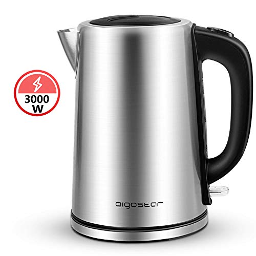 Aigostar Rob 30IGQ - Elektrischer Wasserkocher, 3000Watt, 304 Food Grade Edelstahl, 3000Watt, 1,7 Liter, trocknender Schutz beim Kochen, BPA frei.EINWEGVERPACKUNG.