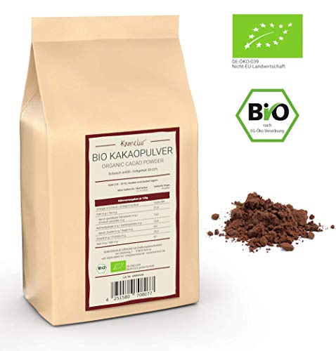1kg BIO Kakao Pulver aus besten Kakaobohnen - 100% reiner Kakao, BIO Kakaopulver schwach entölt (20-22% Fett) verpackt in biologisch abbaubarer Verpackung