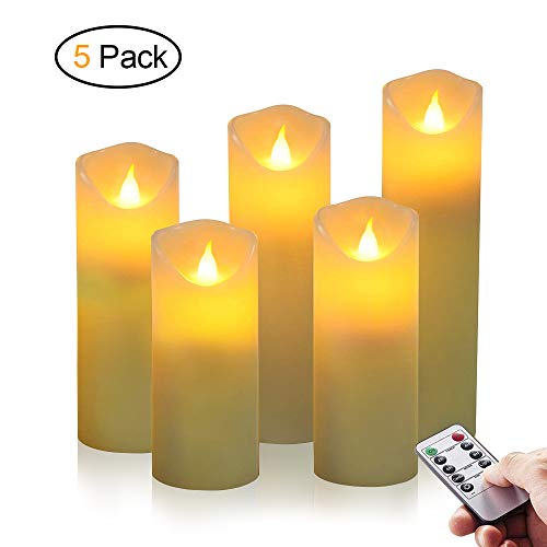 LED Kerzen, omitium Flammenlose Kerzen aus 5 Echtwachs mit realistischen tanzenden LED Flammen und 10-Tasten Fernbedienung mit 2/4/6/8-Stunden Timer