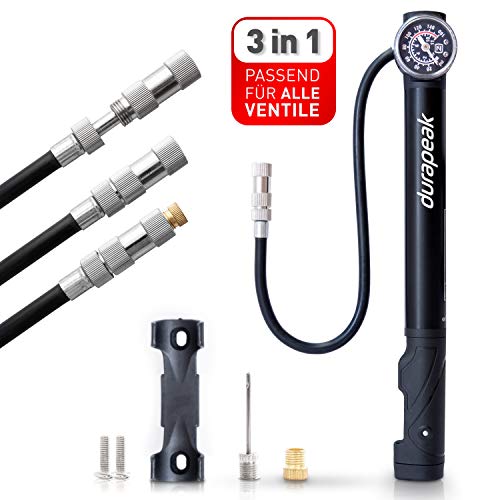 Durapeak Mini Fahrradpumpe für alle Ventile inkl. Ventilaufsätze - Fahrrad Luftpumpe praktisch & kompakt mit Manometer - Bike Pump, Bicycle Pump
