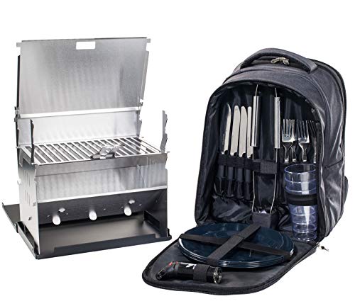 FENNEK Backpack Grill im Set, Picknick-Rucksack, Camping, Trekking, Wandern, Outdoor, mit Kühlfach und Zubehör für 4 Personen, Camping Grill