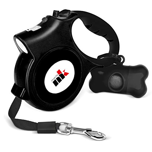 Makife Einziehbar Hundeleine 5m unter 25kg Große und Mittelgroße Hunde, Taschenlampe, Hundekotbeutel mit Beutelspender - Schwarz