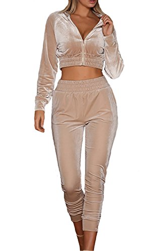 LANOMI Damen Freizeitanzug Sportanzug Jogginganzug Sportjacke Jacke mit Reißverschluss Sporthose Hose mit Tunnelzug (Etikett M/EU 36-38, Khaki)
