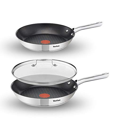 Tefal A43545 Pfannenset 3-teilig 24 28 cm Jamie Oliver Glasdeckel, Induktions-Edelstahlpfanne mit Deckel, Pfannen mit Antihaftbeschichtung, Induktionsgeeignet, Edelstahl