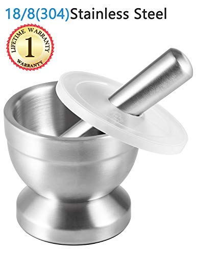 Tera Mörser und Stößel aus 18/8 Edelstahl, Pillenzerkleiner, Gewürzmühle, Kräuterschale, Pesto Pulver lebensmittelecht - Geschenk ideal