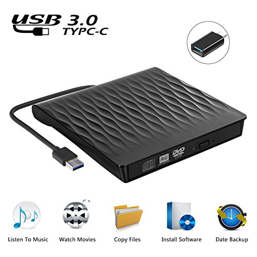 Externes DVD Laufwerk USB 3.0, Tragbar Ultradünn USB C CD/DVD RW Brenner für Laptops und Desktops, Notebook, kompatibel mit Windows XP/ Win8.1/ Wind10/ Vista/7, Linx，Mac10 OS System