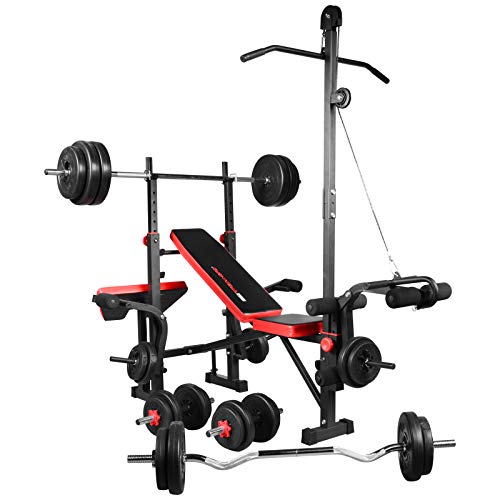 Multifunktion Hantelbank Kraftstation Fitnessstation inkl. Latzug Butterfly Armcurl mit Langhantel Kurzhantel Curlstange Hantelscheiben Gewichten bis 150 kg (+ 110 kg Lang-, Kurz- & Curlhantel)