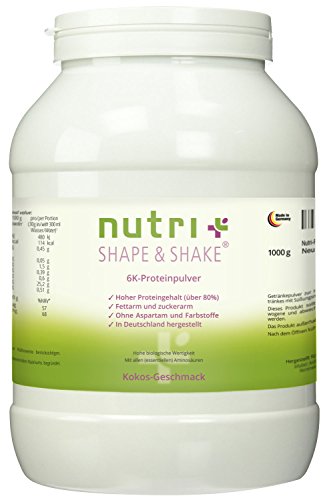 Proteinpulver Haselnuss 1kg - Nutri-Plus Shape & Shake Eiweißpulver ohne Aspartam - Mit Whey + Casein - Dose inkl. Messlöffel - 6k-Protein