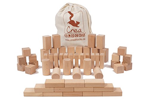 CreaBLOCKS Holzbausteine für Kleinkinder Set 54-teilig für Kinder ab 6 Monate | unbehandelte Holzbauklötze Made in Germany | Bauklötze-Set inkl. Baumwollbeutel