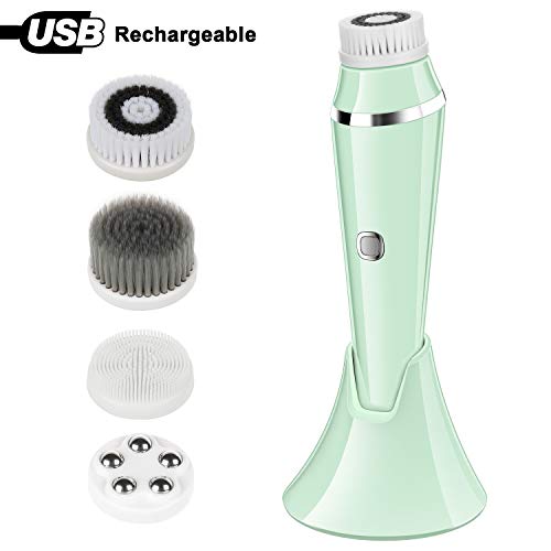 Gesichtsreinigungsbürste Elektrische Spin Gesichtsbürste Wasserdichte Skin Scrubber & Massager mit 4 Bürstenkopf, USB aufladbares Gesichtsreinigungsgerät für Tiefenreinigung - Peeling