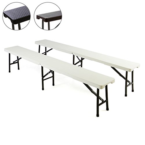 Partybank 2er Set Klappbank Rattan-Optik 180 x 25 x 43 cm Bierbank bis 200 kg Gartenbank Garnitur robust stabil wetterfest Farbe wählbar weiß schwarz braun (weiß)