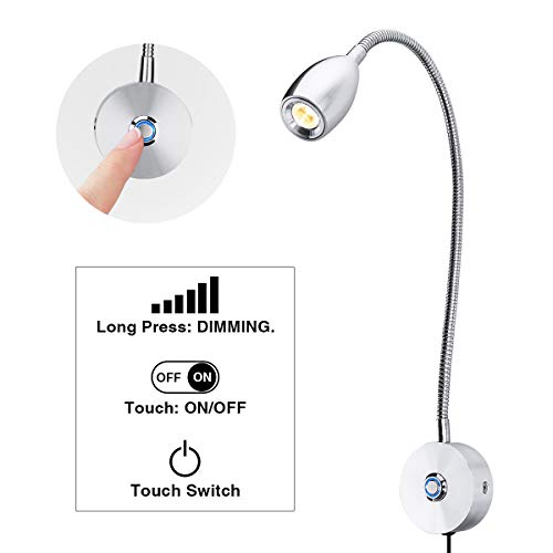 KINGSO Leselampe LED Wandleuchte 3W Schwanenhals warmweiss Bettleuchte Dimmbar Touch Switch mit Netzteil Bettlampe ideal für Sofa Nachttisch Arbeitszimmer Wohnzimmer Schlafzimmer