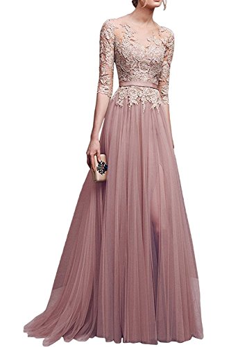Babyonline Damen Hochwertig Schlitz Spitze Rundkragen Rückenfrei Promkleider Lang mit Tüll Festkleider Abendkleider, Rosa (Nude Blush), Gr. 46