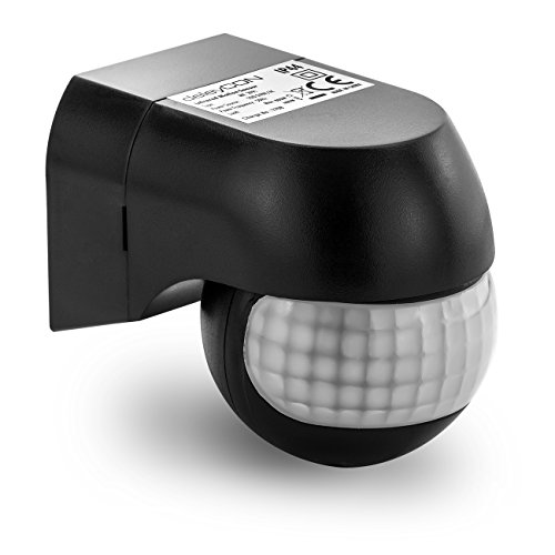 deleyCON Infrarot Bewegungsmelder für Innen und Außen und eine Reichweite bis 12m bei 180° Dreh- & Neigbar IP44 Spritzwasserschutz - Schwarz