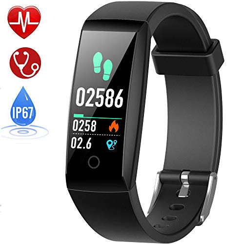 Fitness Armband mit Pulsmesser, HETP Fitness Tracker Uhr Wasserdicht IP67 Blutdruckmesser Farbbildschirm Schrittzähler Uhr für Kinder Damen Uhren Pulsuhr Stoppuhr Sport GPS Aktivitätstracker Schlafüberwachung Vibrationsalarm Anruf SMS Beachten mit iOS Android Handy