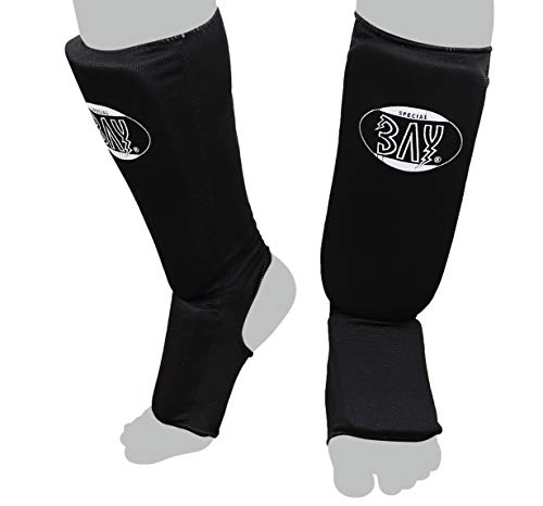 BAY 'MT Cotton schwarz XS Spann-Schienbeinschutz Baumwolle Elastik Stoff, Muay Thai, TKD, Thaiboxen schwarz, Größe XS