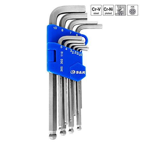 S&R Innensechskantschlüssel Satz 10-tlg HX mit Kugelkopf, lang, HX 1,5; 2,0; 2,5; 3,0; 4,0; 5,0; 6,0; 7,0; 8,0; 10,0 mm, in Kunststoffclip