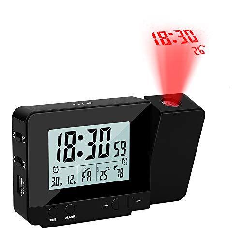 Vegena Wecker mit Projektion,USB-Anschluss Digital Projektionswecker mit Temperatur und Zeit-Projektion/Innentemperatur und Luftfeuchtigkeit/DCF automatische Zeitanpassung/Kalender Schwarz