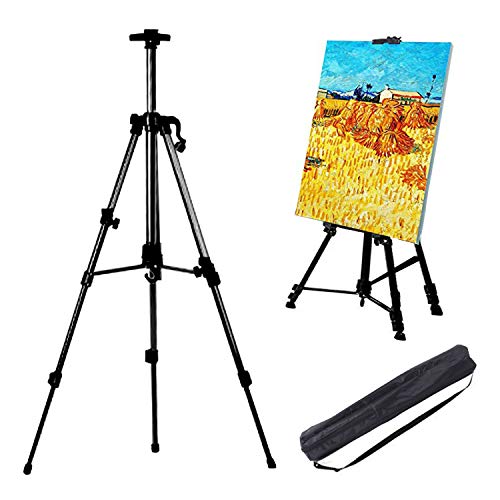 AOBETAK Staffelei Aluminium Ständer Groß,Verstellbar 52-162 cm,mit Tasche,Anzeigen Atelierstaffelei Für Leinwand/Poster/Hochzeit;Für Kinder,Erwachsene,Skizzieren,Malen; Schwarz