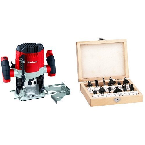 Einhell Oberfräse TC-RO 1155 E (1100 W, Ø 6 und 8 mm, Drehzahlregelung, Parallelanschlag, Absaugadapter, inkl. Zubehör) + Einhell Fräser Set passend für Elektro Oberfräsen (12-teilig, Lieferung im Holzkoffer)