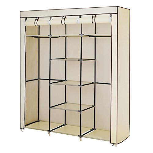 Songmics Groß XXL Kleiderschrank Faltschrank Wäscheschrank mit 2 Hakenstange beige 175 x 150 x 45 cm Drei hochrollbare Türen RYG12M