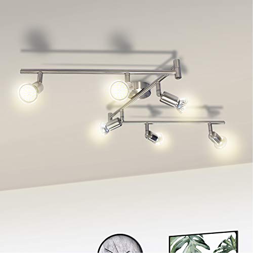 Wowatt LED 6 flammig Deckenleuchte Deckenstrahler LED Spotbalken Deckenlampe Küche Schwenkbar Wohnzimmer Flur Schlafzimmer Warmweiß Spotleuchte Decke Inkl. 6x 6W Spots GU10 2800K Matt Nickel Modern