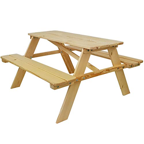 SunDeluxe Kinder Picknicktisch Natur - Kindersitzgruppe aus Holz für drinnen und draußen - Kindersitzgarnitur für 4 Kinder - mit abgerundeten Ecken und Kanten