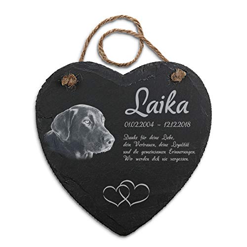PauleBlack Tiergrabstein Gedenktafel mit Gravur Schiefer Herz 20 x 20,5 cm inkl. Hanfschnur - Individueller Text und Foto