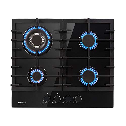 Klarstein Ignito 4 Zonen Gaskochfeld - 4-flammig, autark, 60cm, Einbau, Sabaf-Brenner, Erdgas/Propangas, Sicherheitsventile, Abschaltautomatik, Topfträger aus Gusseisen, Glaskeramik, schwarz