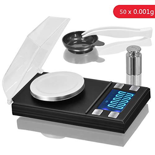 Digital Waage 0,001g/50g, Taschen Waage Mit LCD Display, Elektronische Schmuck Waage Mit Hoher Präzisions Waage, Mini Portable Smart Milligramm Schmuck Waage Mit Tara und Kalibrier Funktion