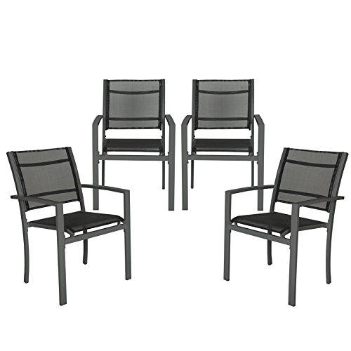 TecTake 800323 Gartenstuhl 4er Set Hochlehner aus Metall und Kunststoffgewebe, äußerst plfegeleicht, mit Armlehnen - Diverse Farben (Dunkelgrau | Nr. 402066)