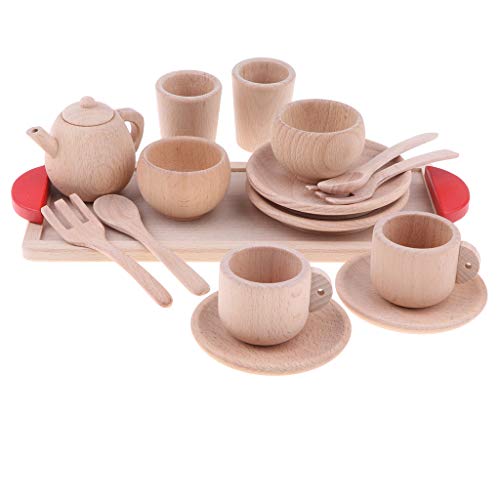 KESOTO 16-teilig Kinderküchen Rollenspiel, Küche Geschirr Tee-Set aus Holz Spielzeug für Kinder Spielküche Spiel Zubehör