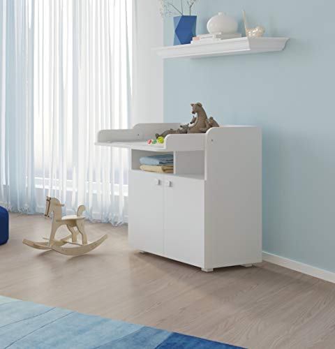 Baby Wickel-Kommode mit ausziehbarer Wickelauflage, 2-türiges Wickeltisch, Wickelkommode (Weiß)