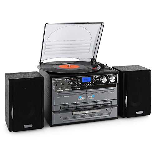 auna TC-386 • Stereoanlage • Kompaktanlage • Plattenspieler • Riemenantrieb • max. 45 U/min • Lautsprecher Paar • Bassreflex • Radiotuner • CD-Player • MP3-fähig • 2 x Kassettendeck • USB-Port • SD-Slot • Digitalisierungsfunktion • Fernbedienung • schwarz