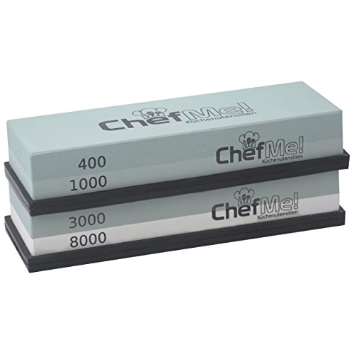 ChefMe! Schleifstein-Set 400/1000/3000/8000 Komplett-Paket | Wetzsteine zum Messer schärfen | Abziehsteine mit rutschfester Unterlage und deutscher Anleitung