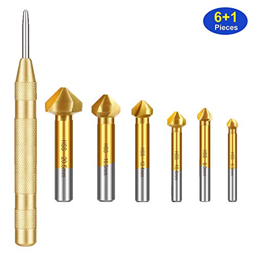 SS SHOVAN 6 tlg 90° Kegelsenker Satz HSS Senker Set Ø 6,3-20,5 mm Titan Beschichtete Senkbohrer mit 1 Pack Messing Automatische Center Bohrer Punch