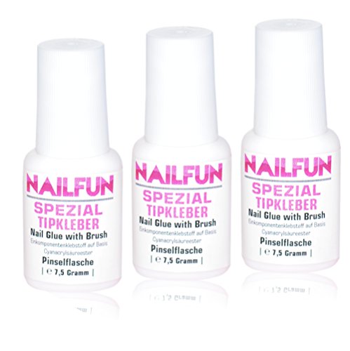 3er Set NAILFUN Tipkleber [3 x 7.5 Gramm] Nagelkleber Flasche mit Pinsel zum einfachen auftragen