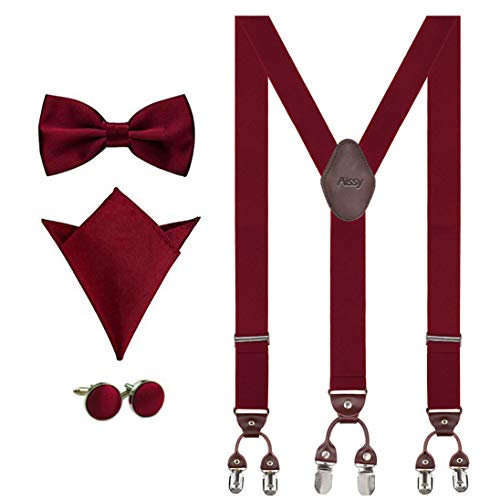 Aissy Hosenträger für Herren 3.5cm Y-Form Elastisch und Längenverstellbar Hosenträger Breit mit 6 starken Clips und Fliege & Einsteckuch Weinrots