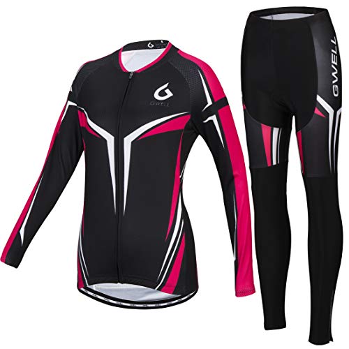 GWELL Damen Blumen Radtrikot Atmungsaktive Fahrradbekleidung Set Trikot Langarm & Radhose mit 3D Sitzpolster MTB Radsportanzug gelbrot M